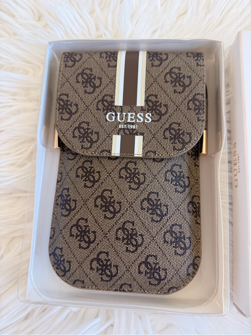 Guess Brown Monogram Crossbody Phone Pouch with White-Tan Stripe